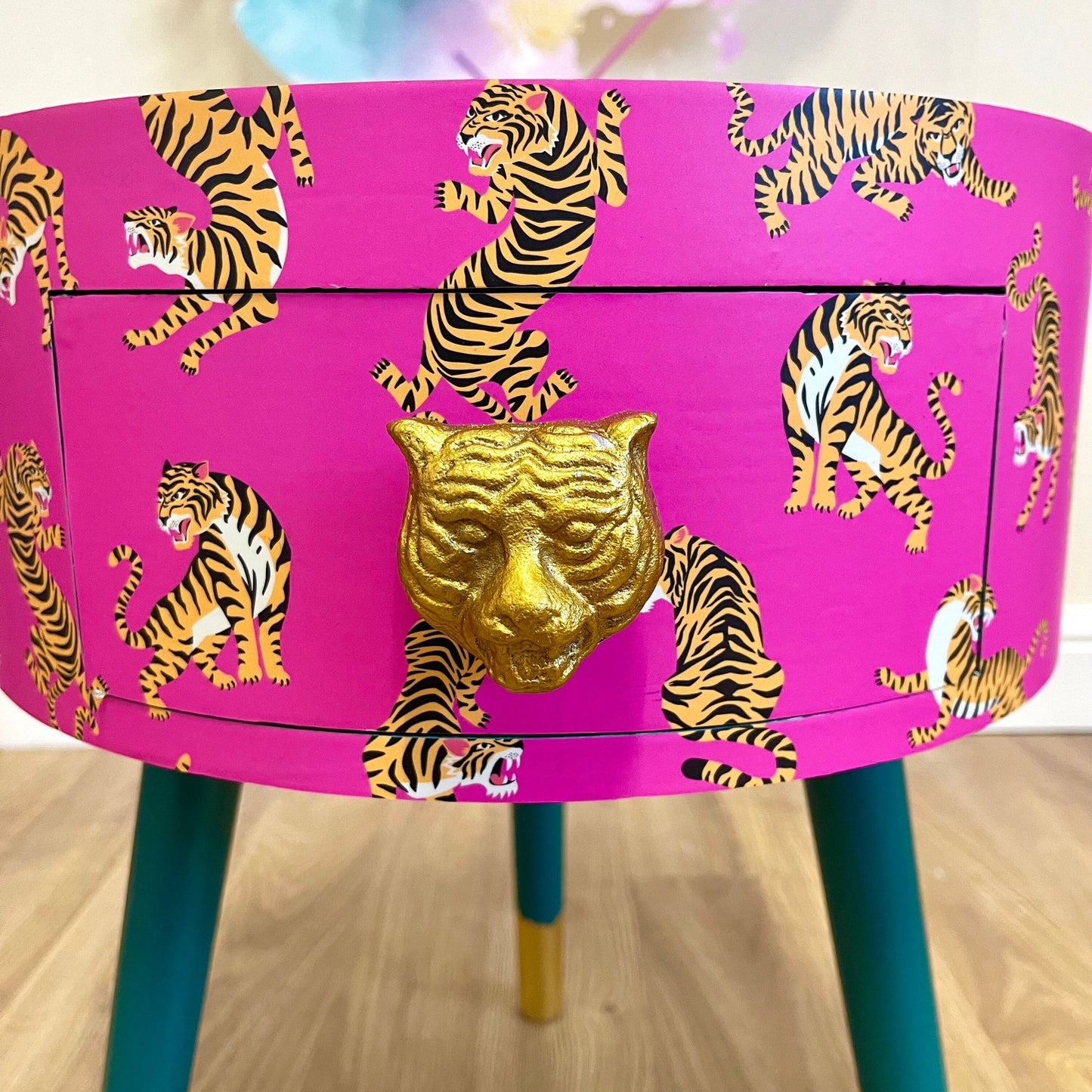 Tiger Table - Hot Pink round bedside table . Fun Bright Home Decor . Ideal for Nightstand or side table. Comes with inbuilt drawer