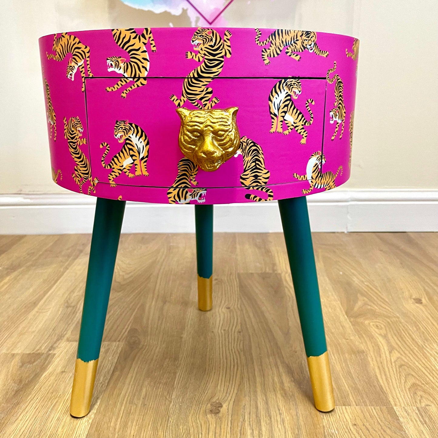 Tiger Table - Hot Pink round bedside table . Fun Bright Home Decor . Ideal for Nightstand or side table. Comes with inbuilt drawer