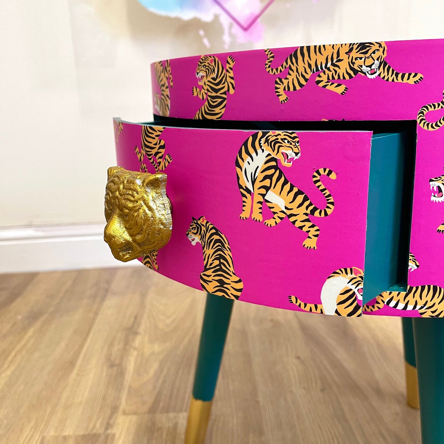 Tiger Table - Hot Pink round bedside table . Fun Bright Home Decor . Ideal for Nightstand or side table. Comes with inbuilt drawer