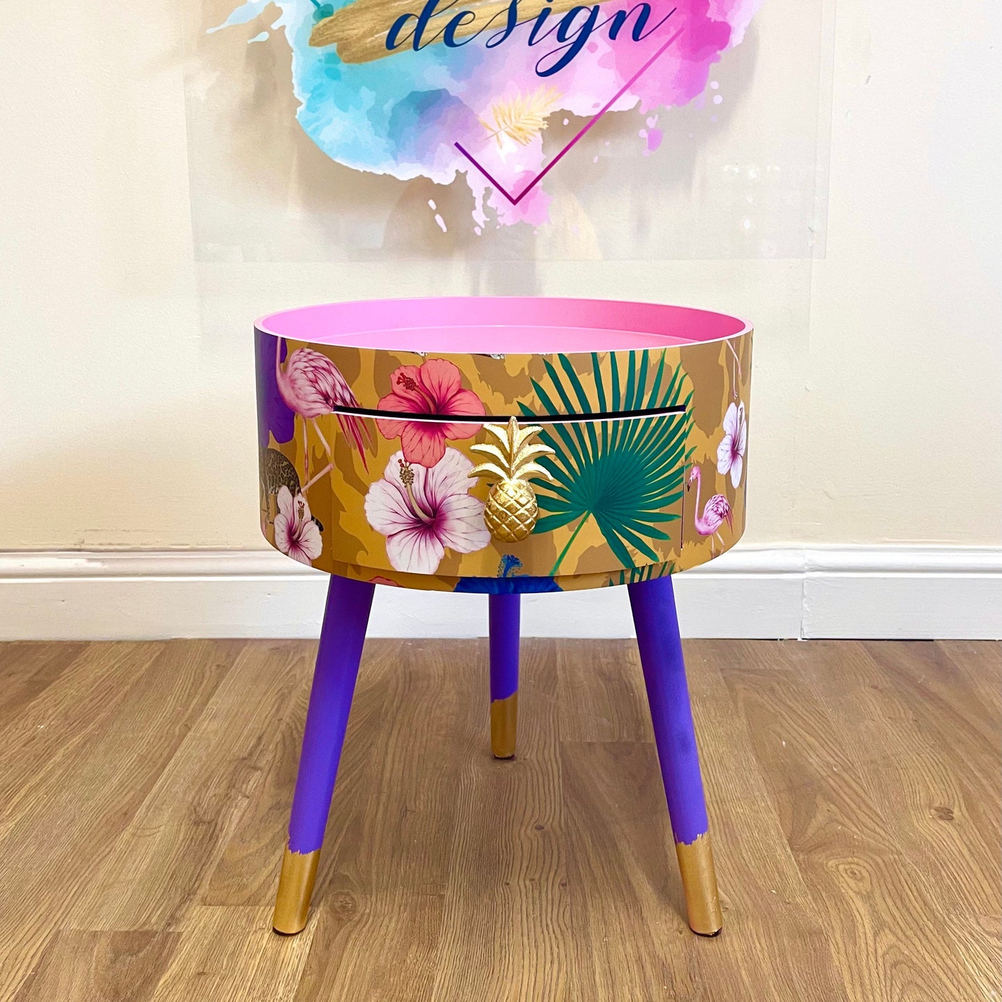 Flocking Fab - Yellow Round eclectic yellow nightstand with tropical design, mustard bedside table with built in drawer