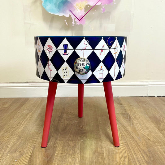 Alice in Wonderland nightstand,  queen of hearts design in black white red . We’re all mad here handle
