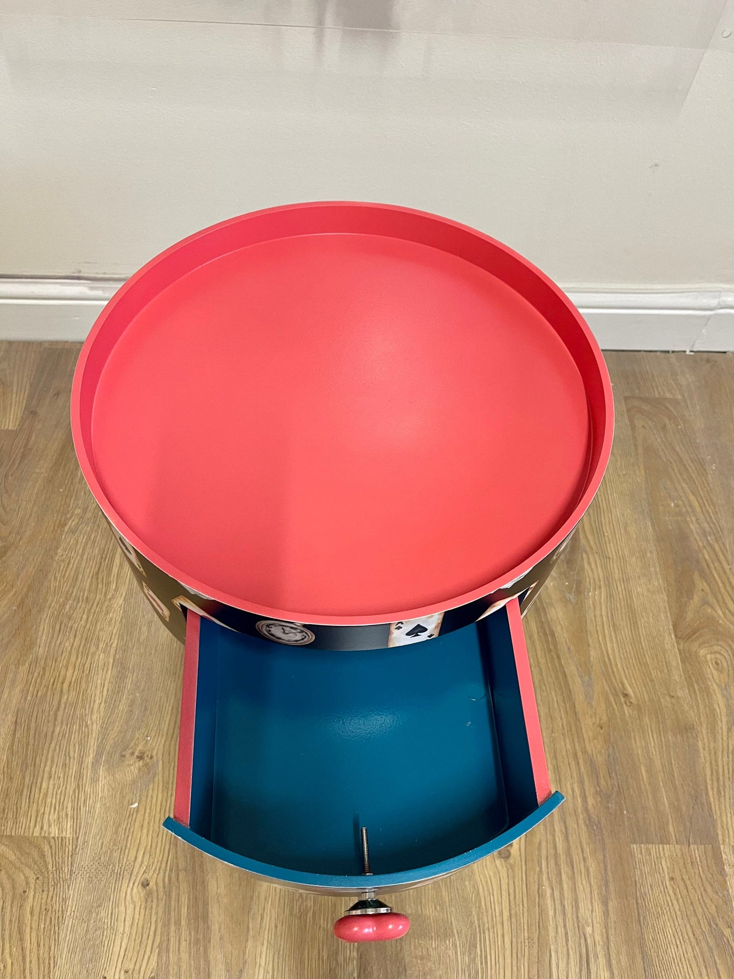 Alice in Wonderland inspired nightstand - Black and red bedside table ,  queen of hearts design in black white red . Tarot cards side table