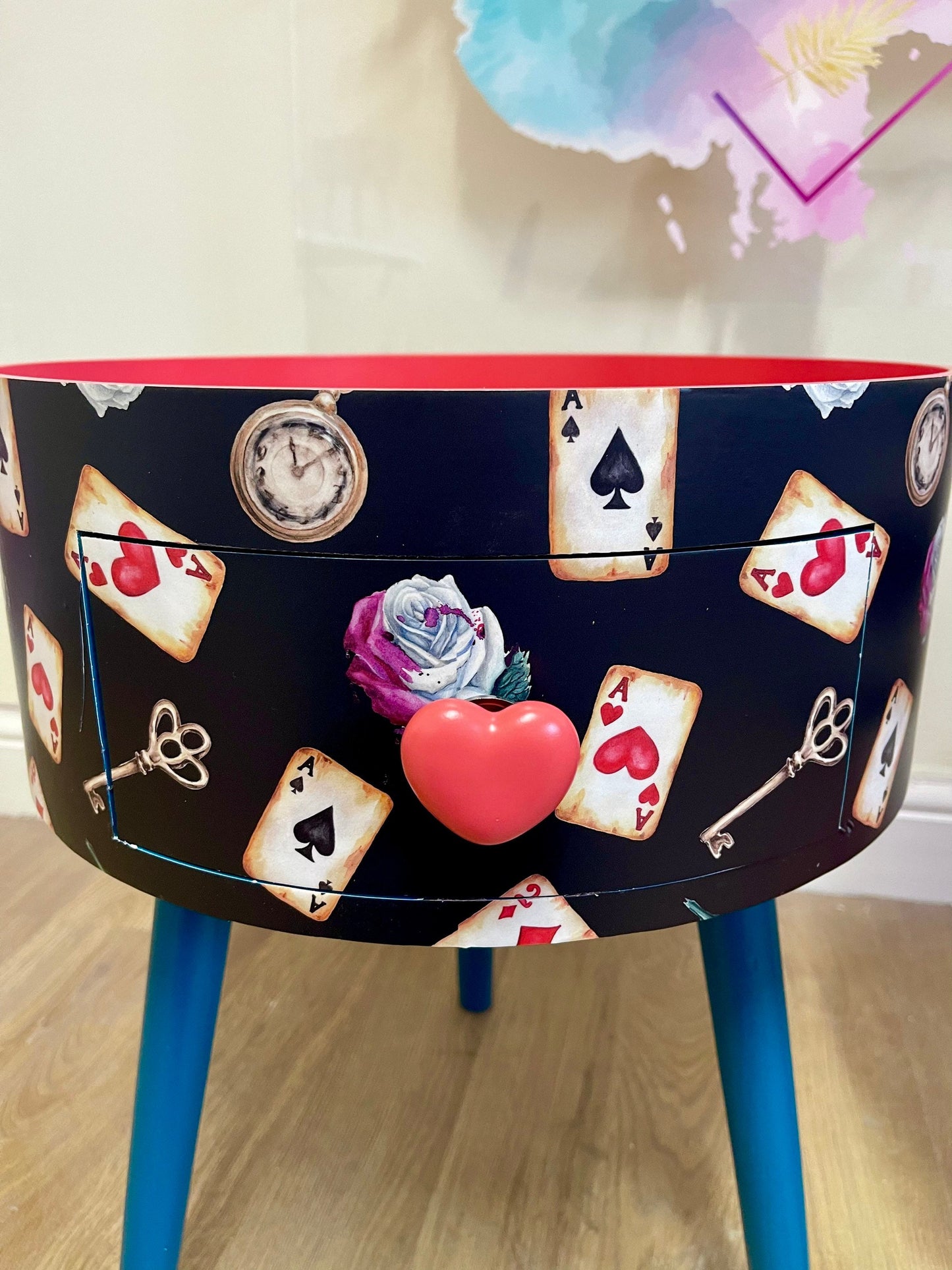 Alice in Wonderland inspired nightstand - Black and red bedside table ,  queen of hearts design in black white red . Tarot cards side table