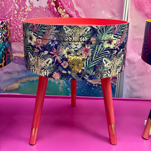 Leopard in Jungle - Coral bedside table, green and navy leopard and floral design. Wooden cheetah side table with drawer. Quirky Nightstand for bedroom