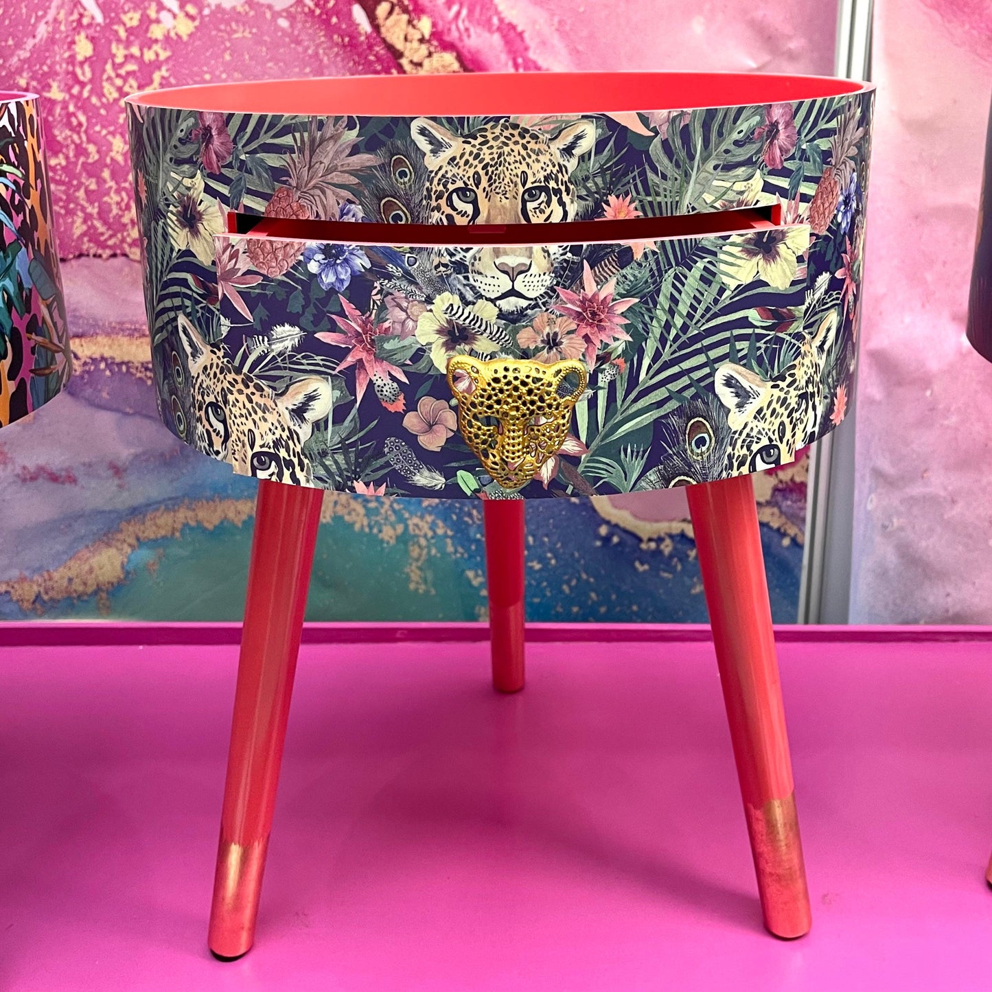 Leopard in Jungle - Coral bedside table, green and navy leopard and floral design. Wooden cheetah side table with drawer. Quirky Nightstand for bedroom