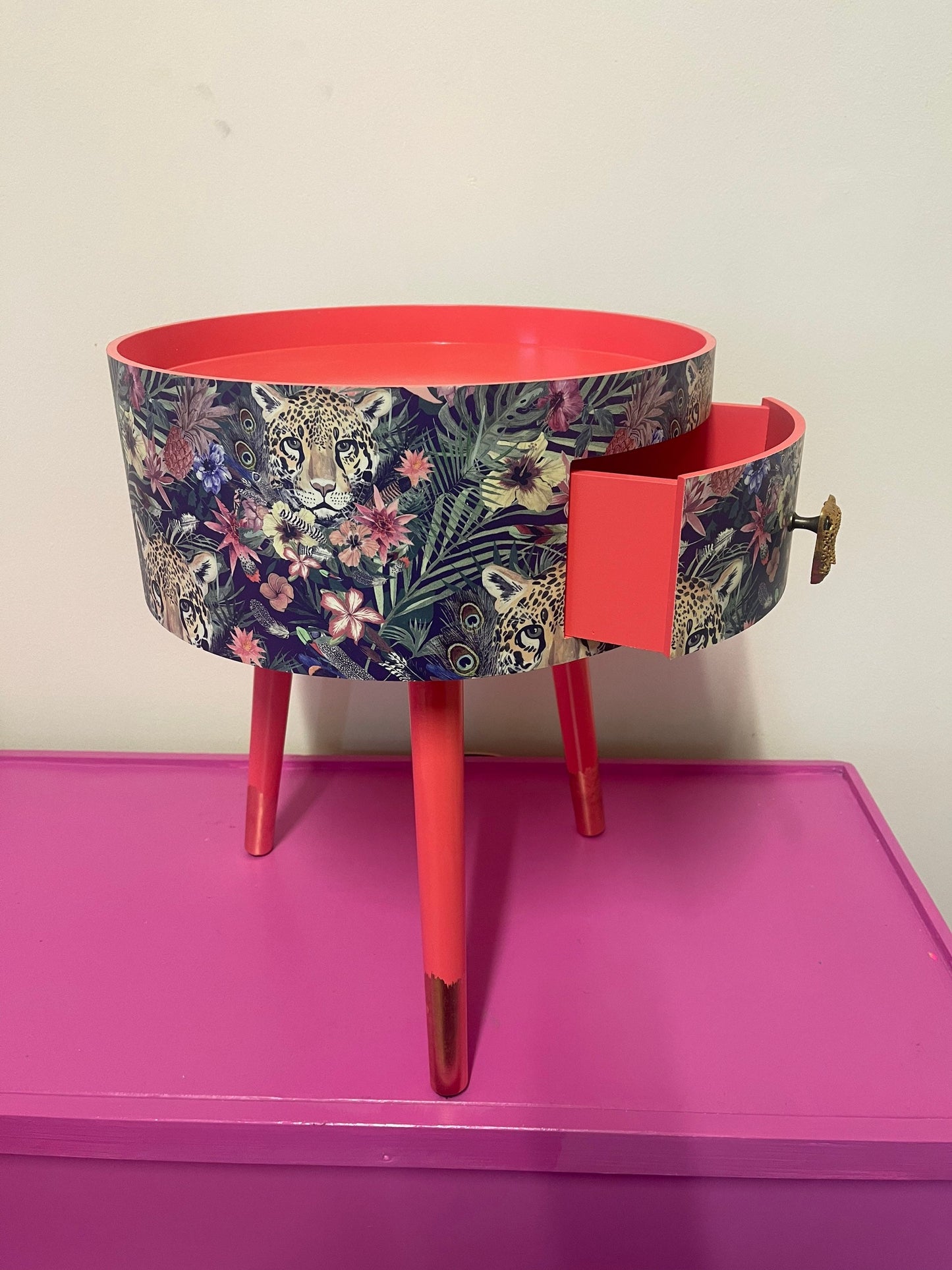 Leopard in Jungle - Coral bedside table, green and navy leopard and floral design. Wooden cheetah side table with drawer. Quirky Nightstand for bedroom