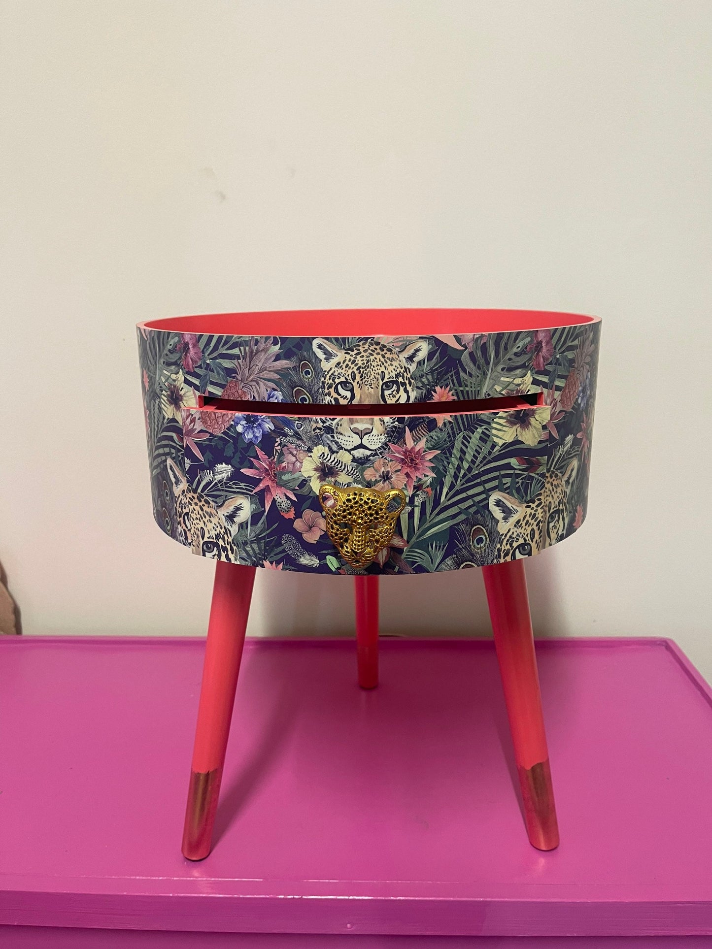 Leopard in Jungle - Coral bedside table, green and navy leopard and floral design. Wooden cheetah side table with drawer. Quirky Nightstand for bedroom