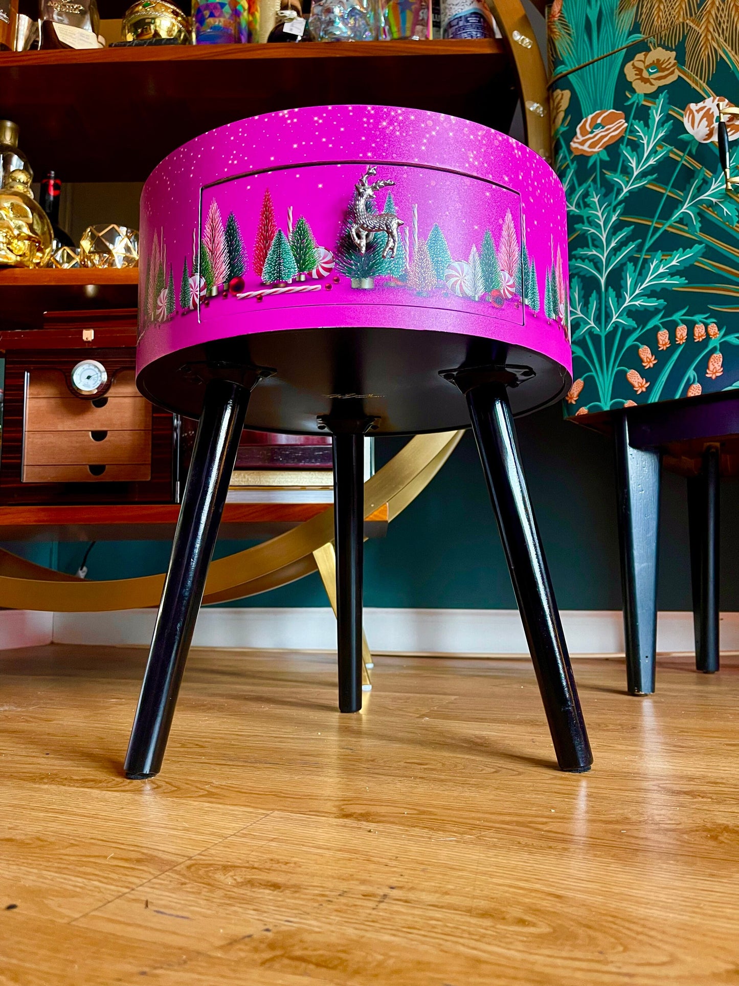 Christmas - Hot pink and black round bedside table , Christmas design. Ideal for Nightstand or side table. Christmas stag, candy canes