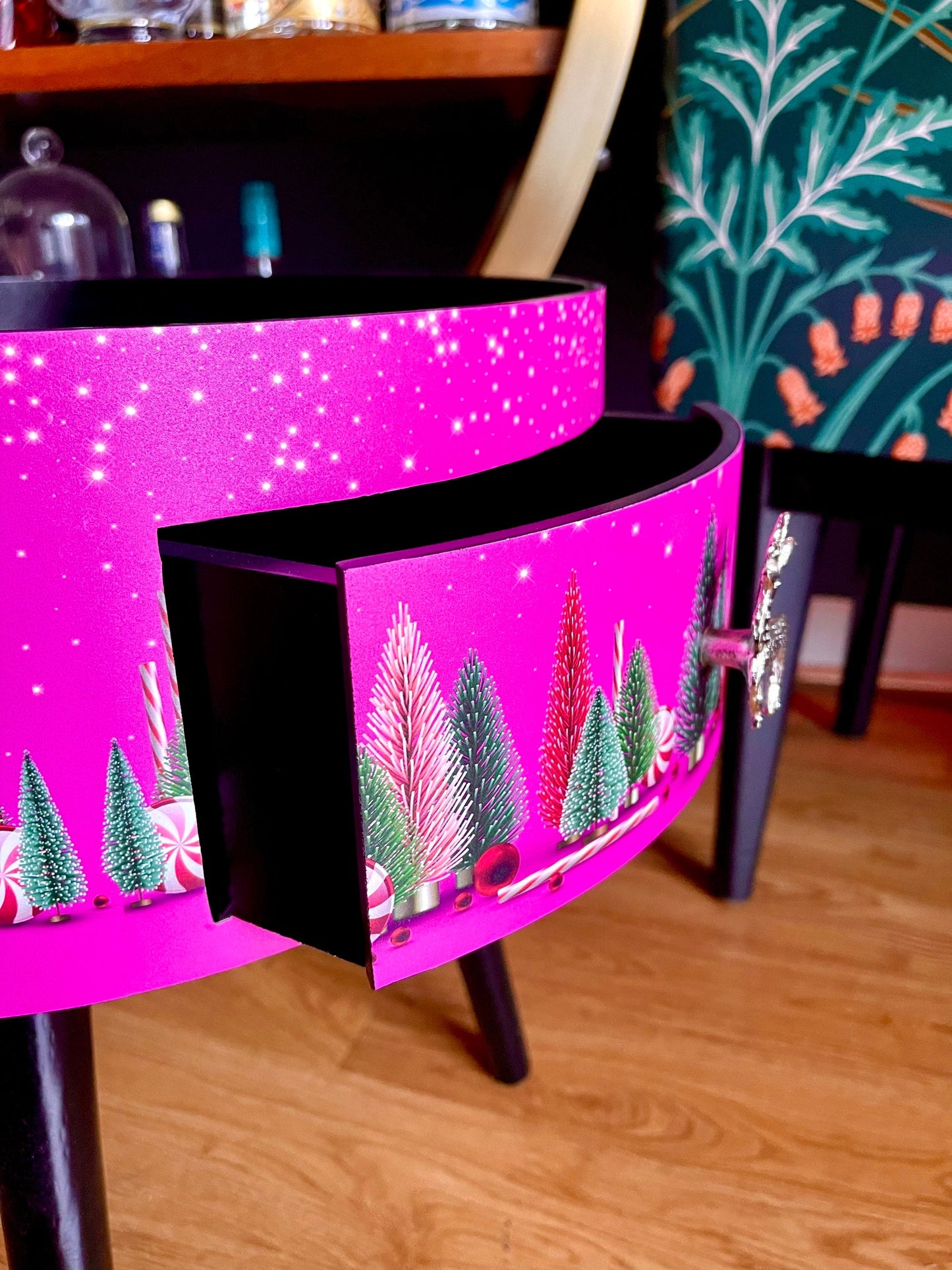 Christmas - Hot pink and black round bedside table , Christmas design. Ideal for Nightstand or side table. Christmas stag, candy canes