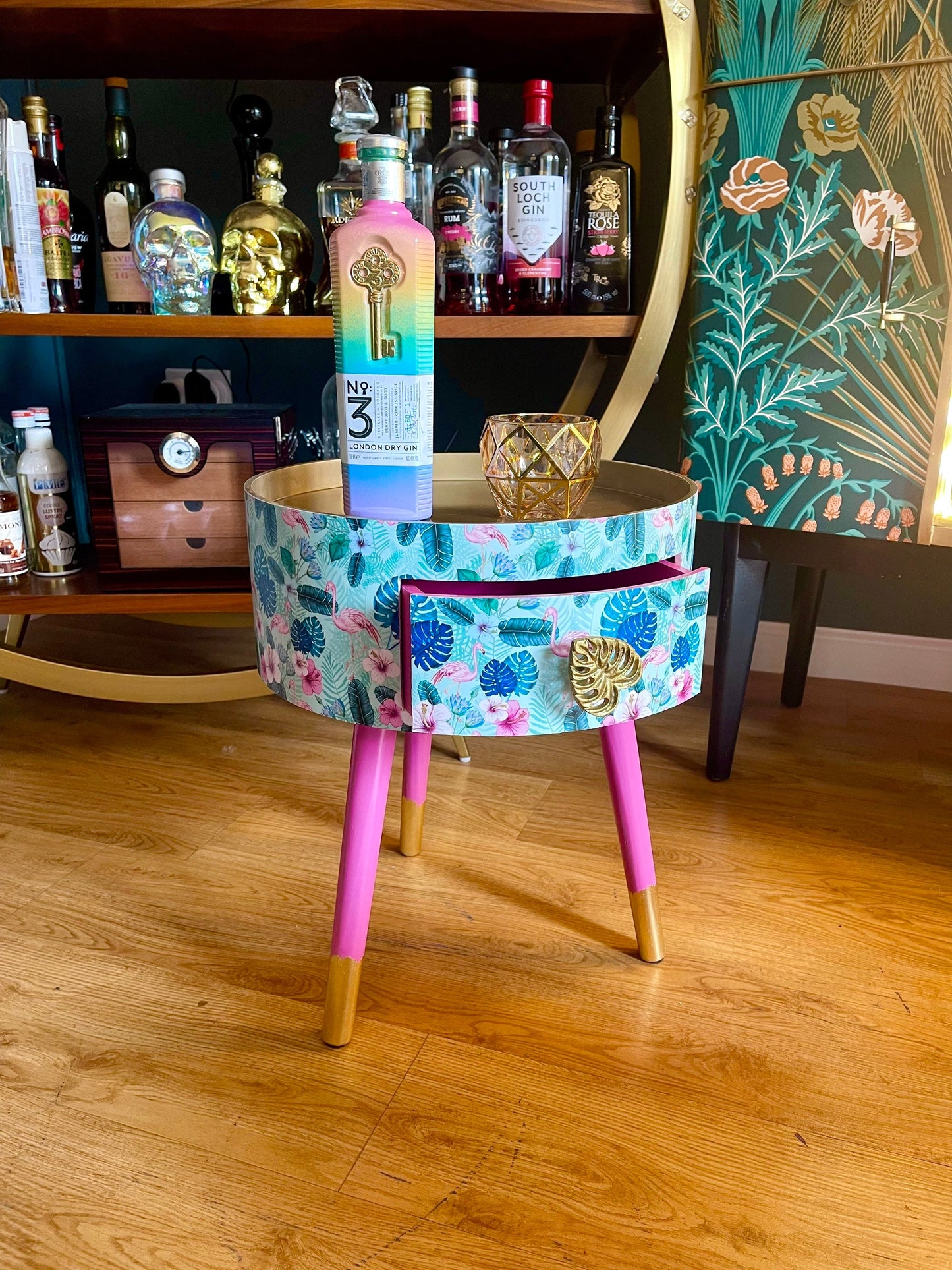 Flamingo - Mint Round small table with drawer. Ideal for nightstand, end table or side table. Pink and mint green flamingo design with gold top
