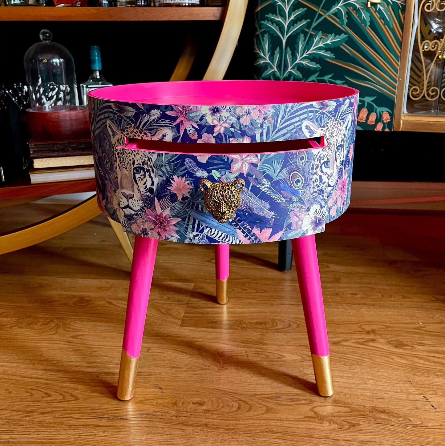 Leopard in Jungle - Hot pink bedside table, green and navy leopard and floral design. Wooden cheetah side table with drawer. Quirky Nightstand for bedroom