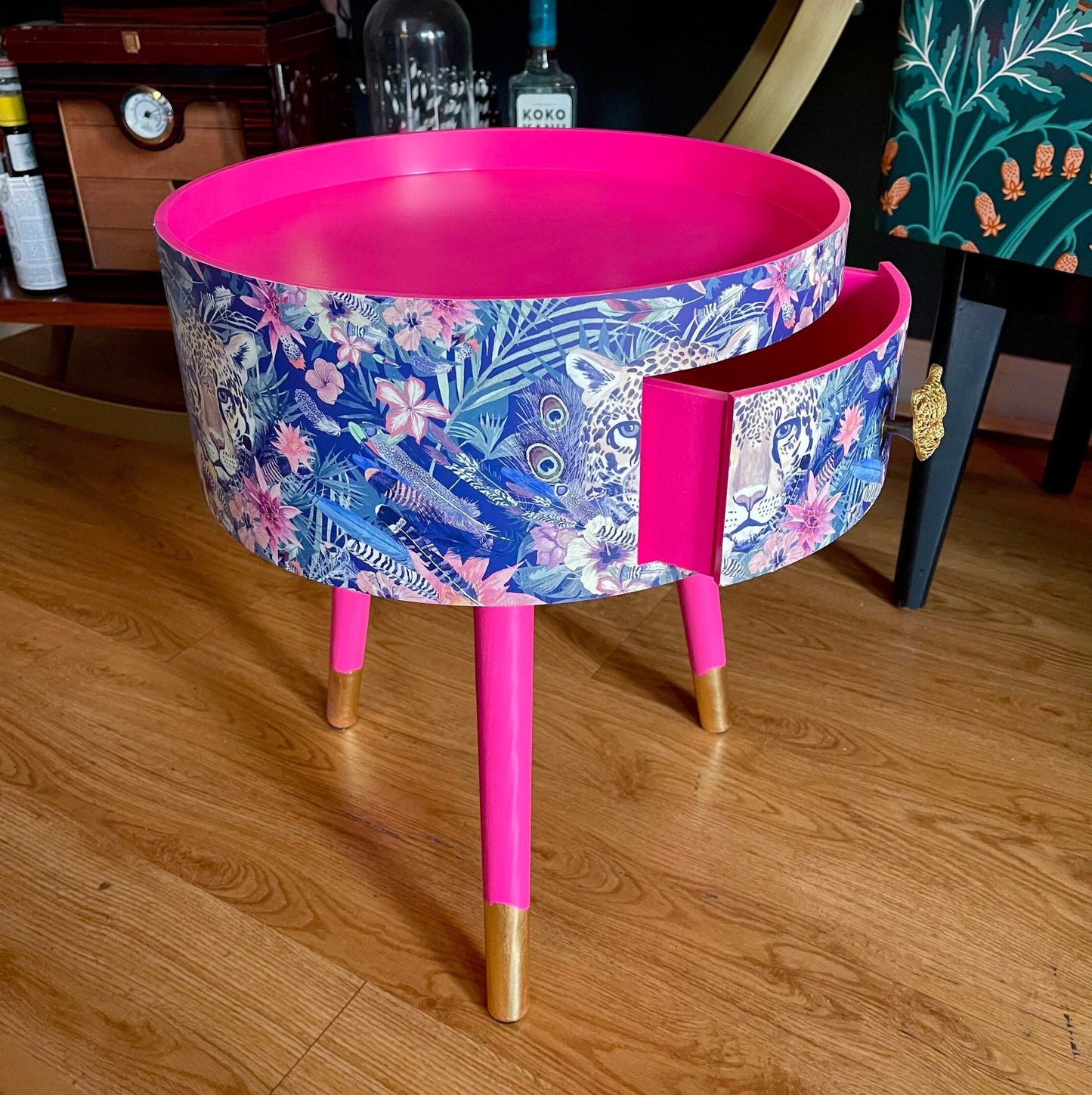 Leopard in Jungle - Hot pink bedside table, green and navy leopard and floral design. Wooden cheetah side table with drawer. Quirky Nightstand for bedroom