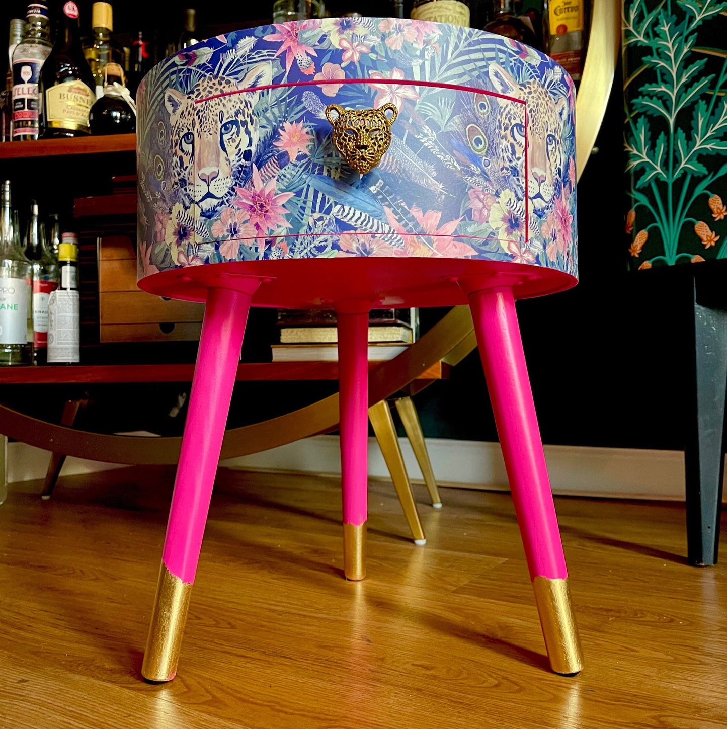 Leopard in Jungle - Hot pink bedside table, green and navy leopard and floral design. Wooden cheetah side table with drawer. Quirky Nightstand for bedroom