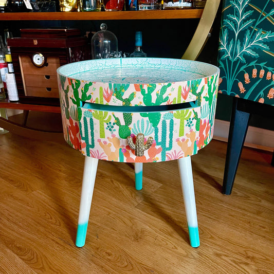 Cactus - Cream and Green side table, southwestern decor for home, turquoise tray top end tables for bedroom, plant decor 5th anniversary gift nightstand