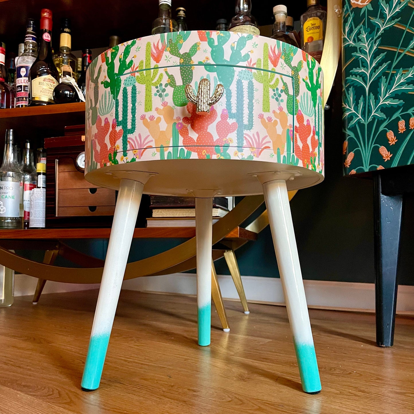 Cactus - Cream and Green side table, southwestern decor for home, turquoise tray top end tables for bedroom, plant decor 5th anniversary gift nightstand