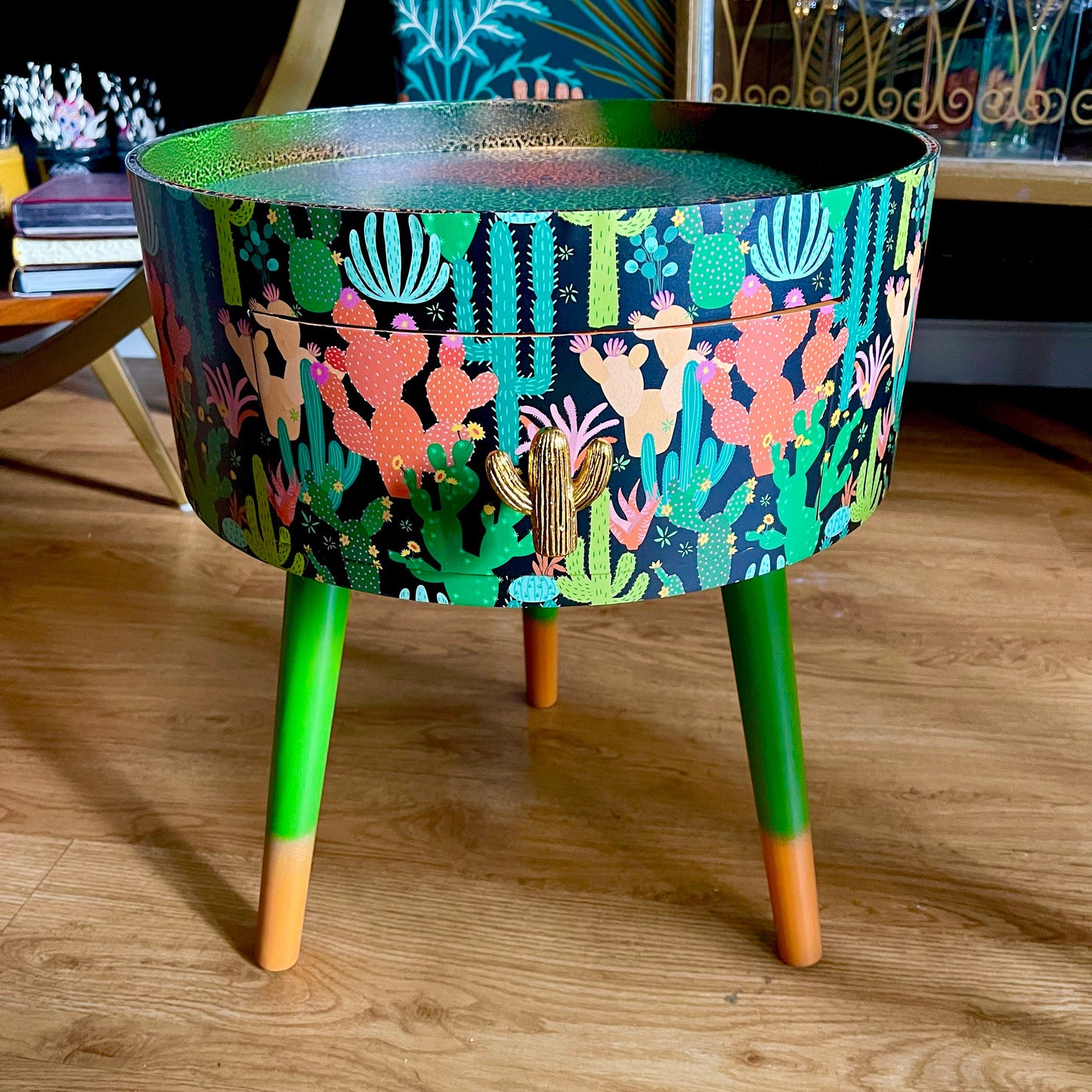 Cactus print - Black round wooden side table with drawer  green orange black bedside table/ bed side table/ cabinet , Built in wooden drawer