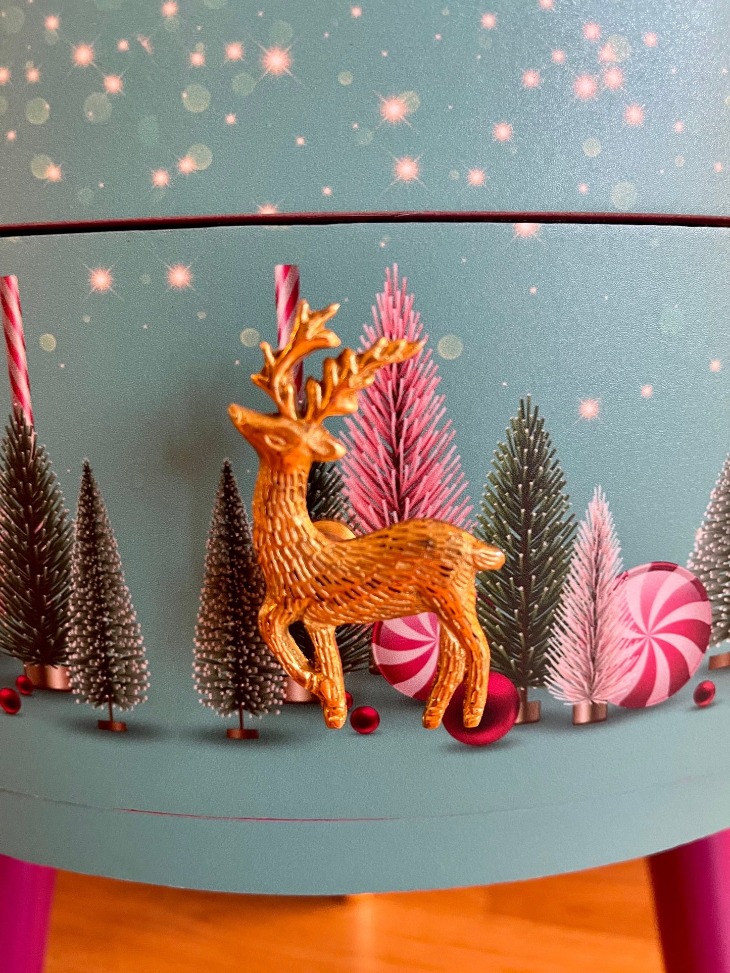 Christmas - Mint and Pink plum round bedside table , Christmas design with glitter top. Ideal for Nightstand or side table. Christmas stag, candy canes
