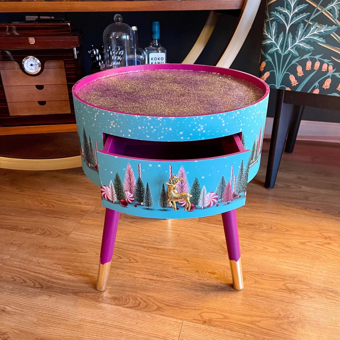 Christmas - Mint and Pink plum round bedside table , Christmas design with glitter top. Ideal for Nightstand or side table. Christmas stag, candy canes