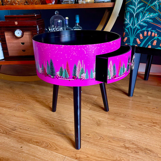 Christmas - Hot pink and black round bedside table , Christmas design. Ideal for Nightstand or side table. Christmas stag, candy canes