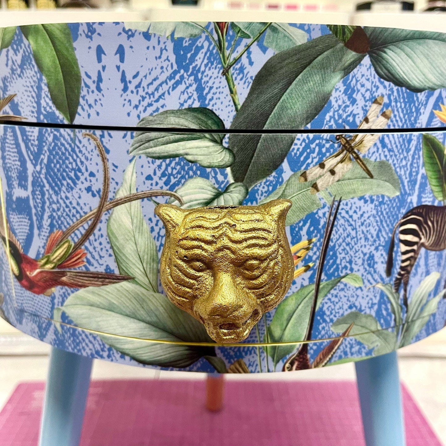 Round primrose yellow and baby blue zebra side table, leaf and tropical design Nightstand with drawer . Quirky fun table