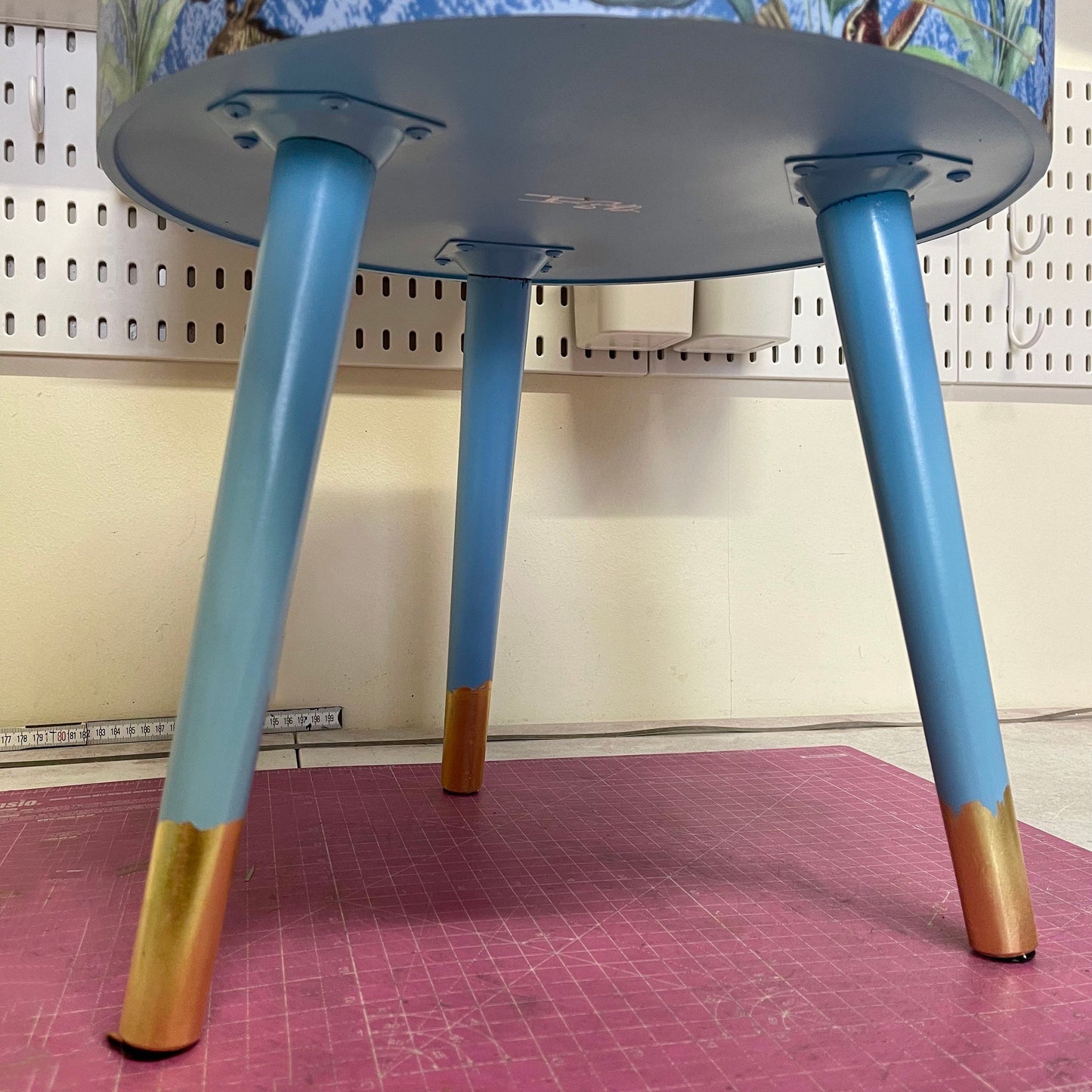 Round primrose yellow and baby blue zebra side table, leaf and tropical design Nightstand with drawer . Quirky fun table