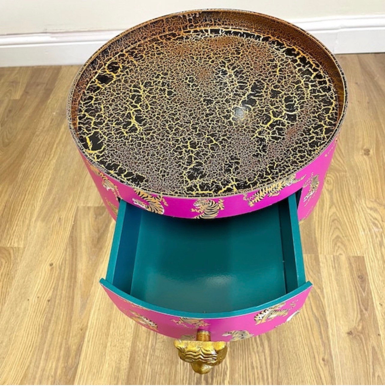 Tiger Table - Hot Pink round bedside table . Fun Bright Home Decor . Ideal for Nightstand or side table. Comes with inbuilt drawer