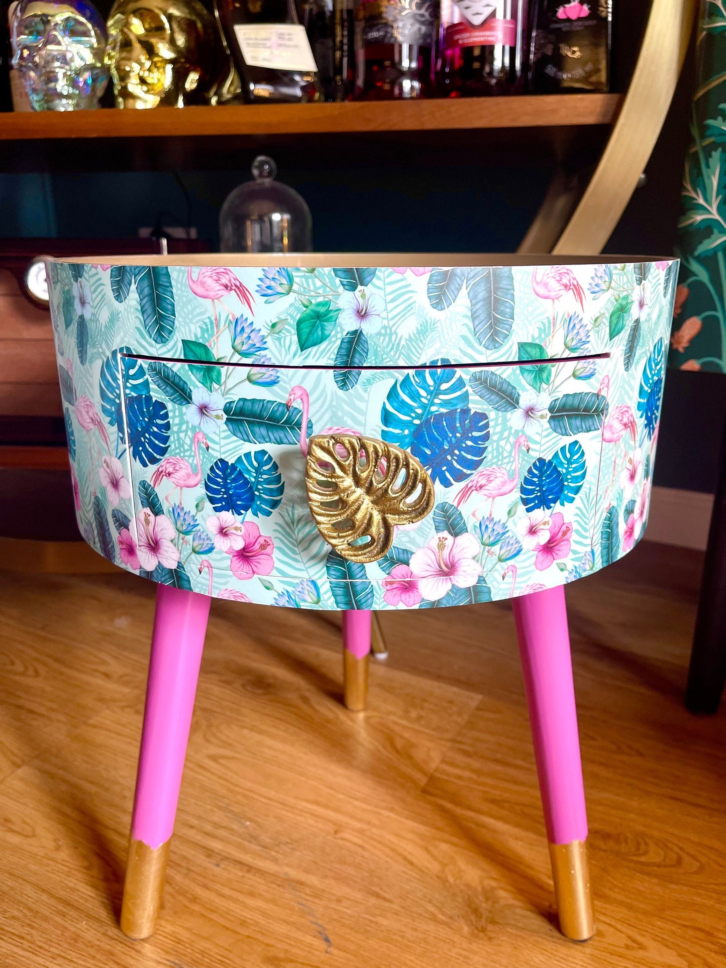 Flamingo - Mint Round small table with drawer. Ideal for nightstand, end table or side table. Pink and mint green flamingo design with gold top