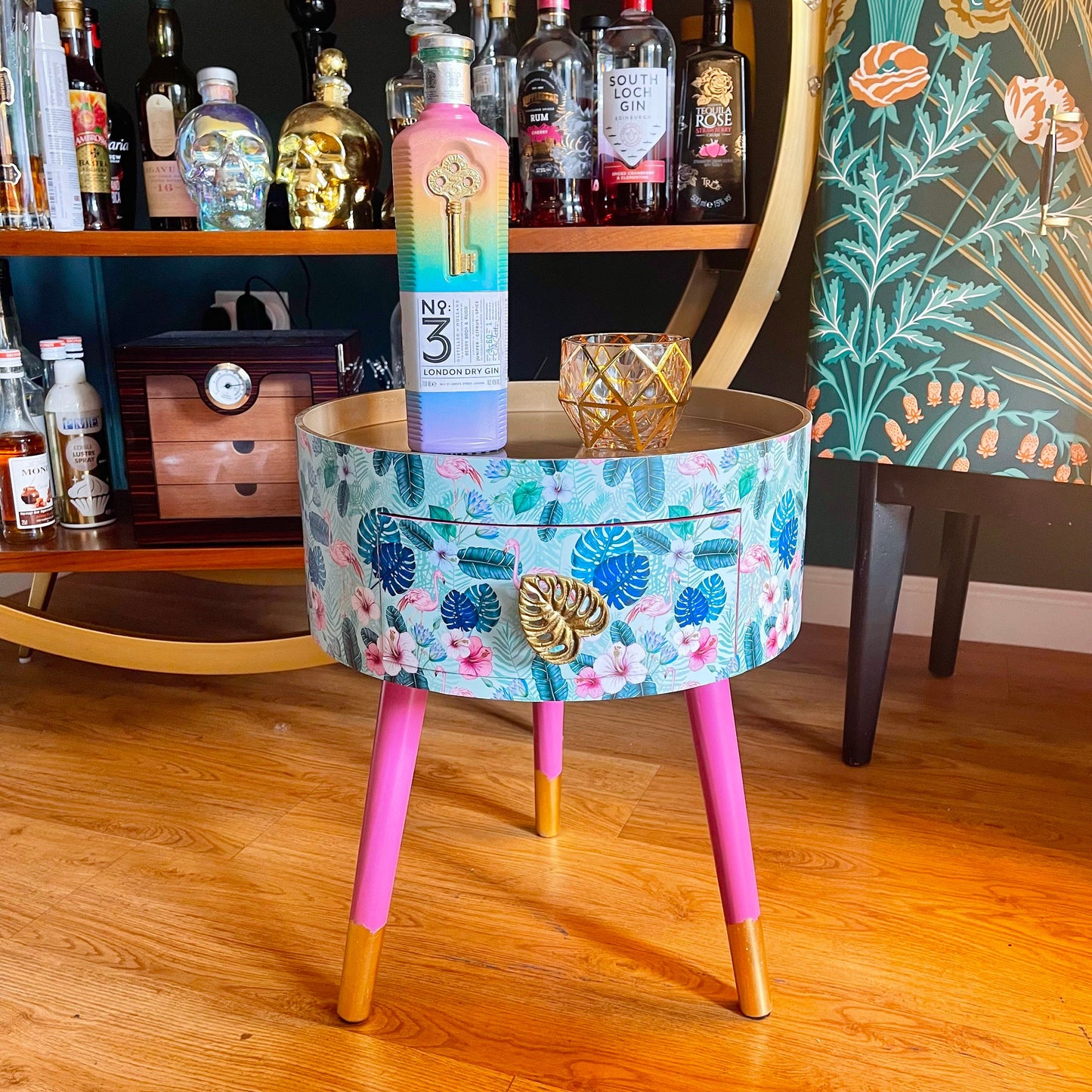 Flamingo - Mint Round small table with drawer. Ideal for nightstand, end table or side table. Pink and mint green flamingo design with gold top