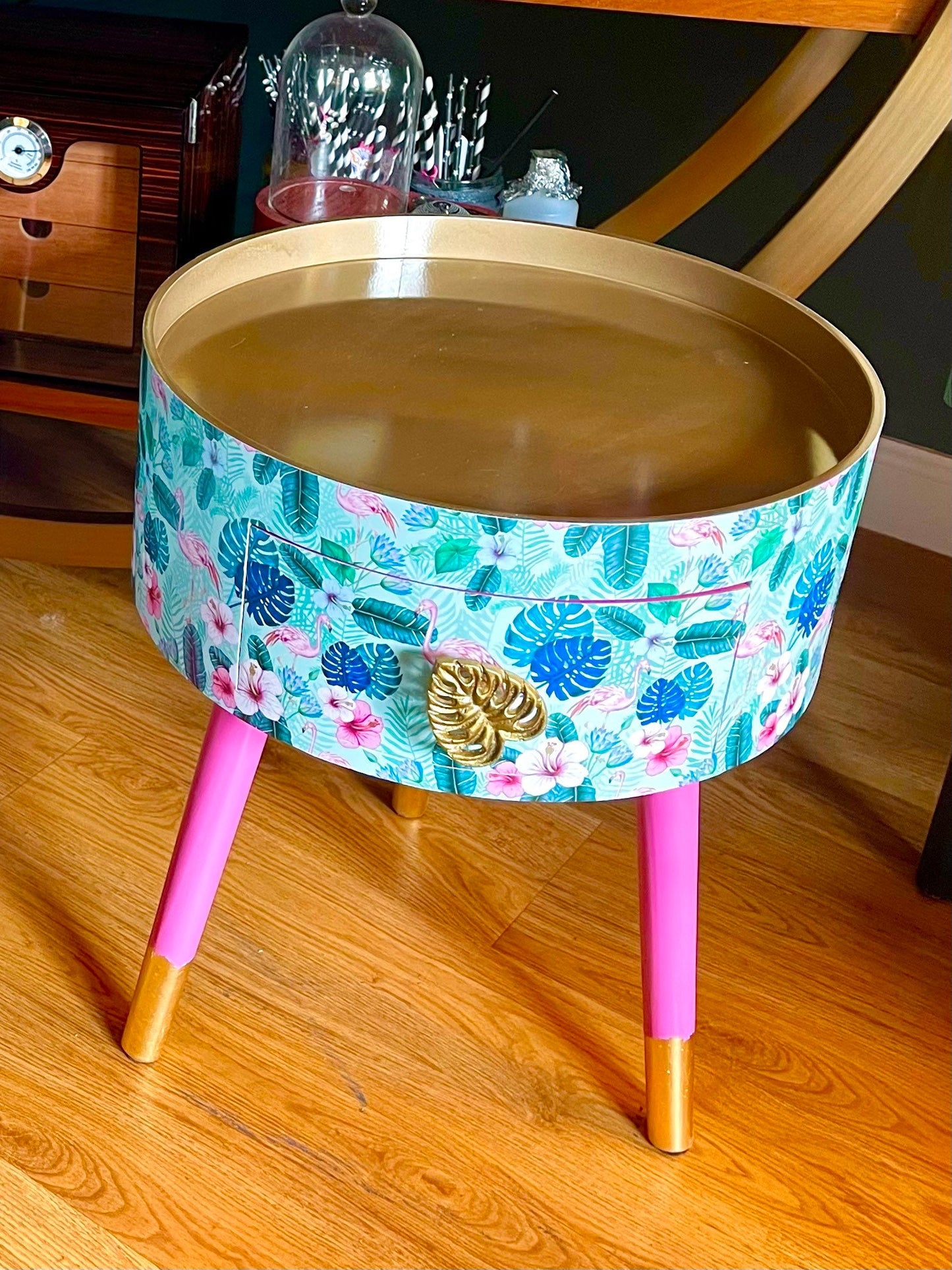 Flamingo - Mint Round small table with drawer. Ideal for nightstand, end table or side table. Pink and mint green flamingo design with gold top