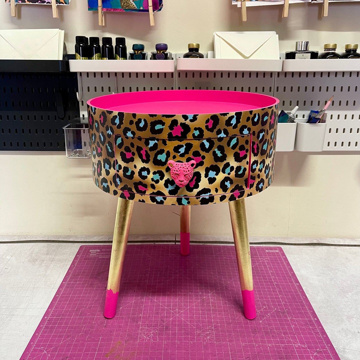 Leopard Print - Gold Hot Pink Magenta leopard round bedside table . Fun Bright Home Decor . Ideal for Nightstand or side table. Cheetah Print gold leaf design