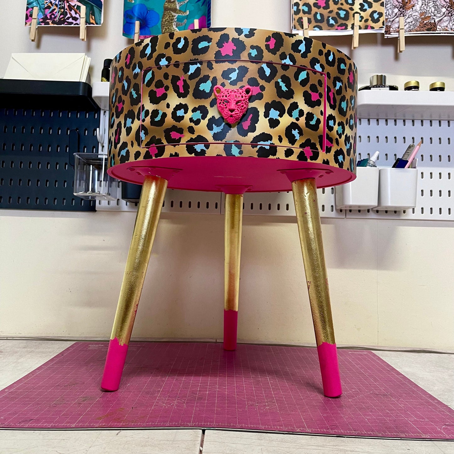 Leopard Print - Gold Hot Pink Magenta leopard round bedside table . Fun Bright Home Decor . Ideal for Nightstand or side table. Cheetah Print gold leaf design