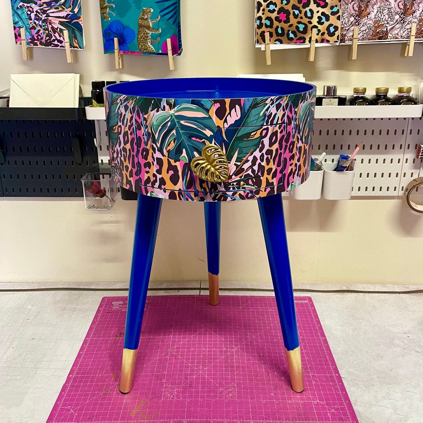 Leopard with Palm - Cobalt blue, pink and orange side table. Leopard print design with leaf design. Personalised round nightstand and side table.