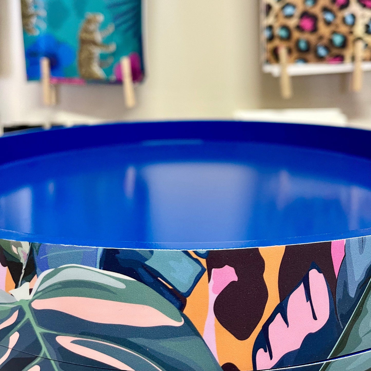 Leopard with Palm - Cobalt blue, pink and orange side table. Leopard print design with leaf design. Personalised round nightstand and side table.