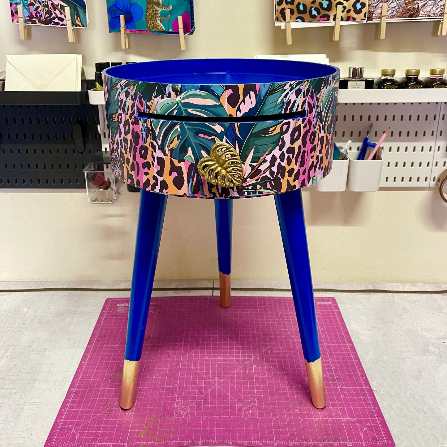 Leopard with Palm - Cobalt blue, pink and orange side table. Leopard print design with leaf design. Personalised round nightstand and side table.