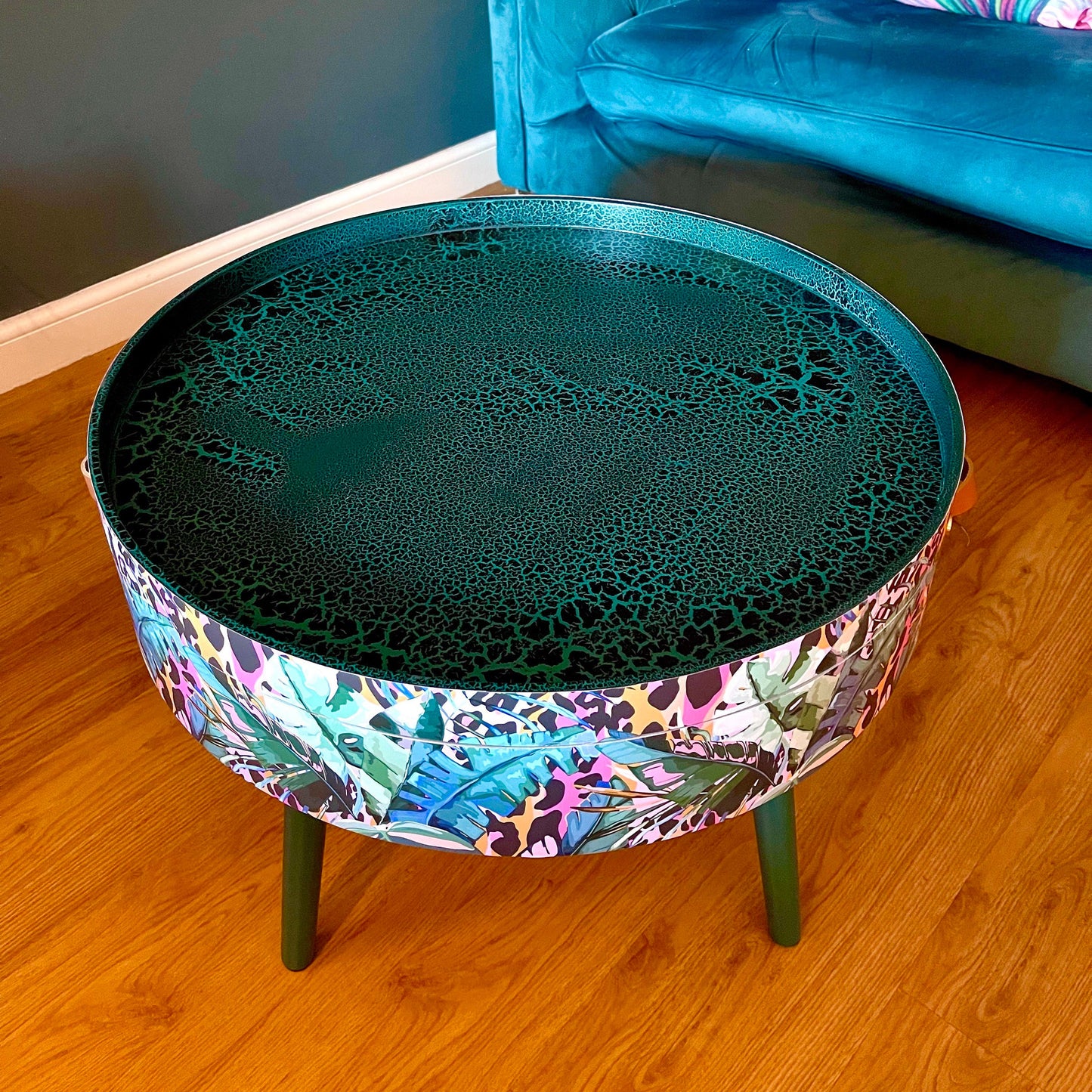 Round coffee table , tropical green pink and orange leopard print , Animal and floral print.  Round table, lift off top for storage