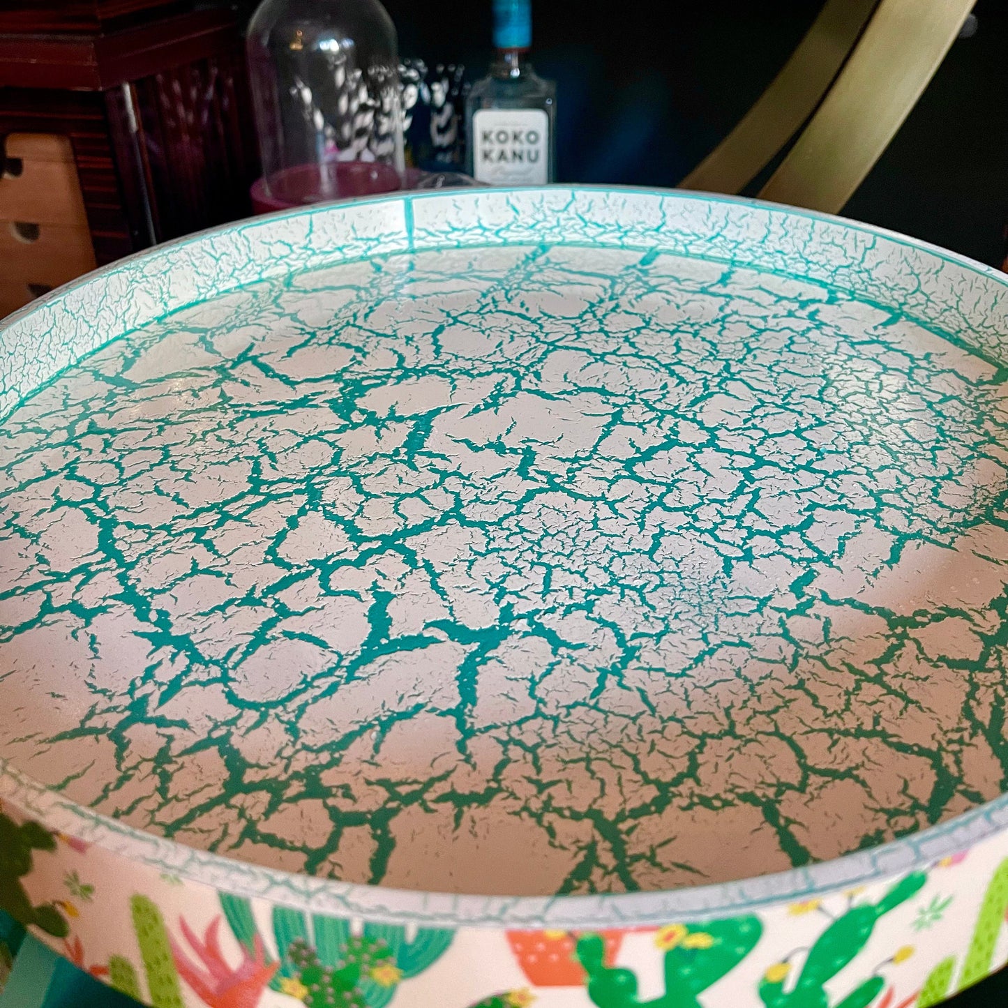 Cactus - Cream and Green side table, southwestern decor for home, turquoise tray top end tables for bedroom, plant decor 5th anniversary gift nightstand