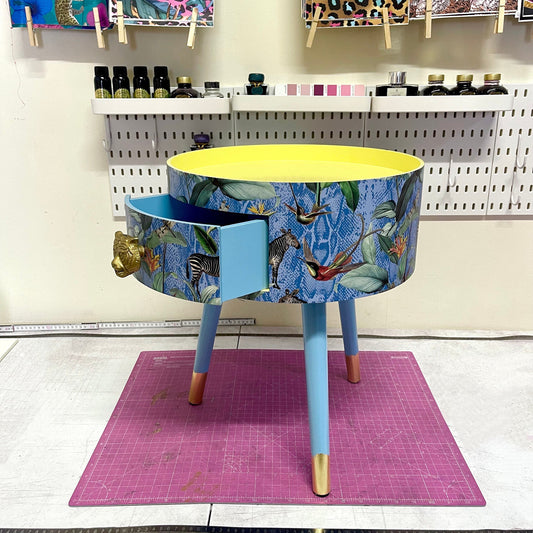 Round primrose yellow and baby blue zebra side table, leaf and tropical design Nightstand with drawer . Quirky fun table