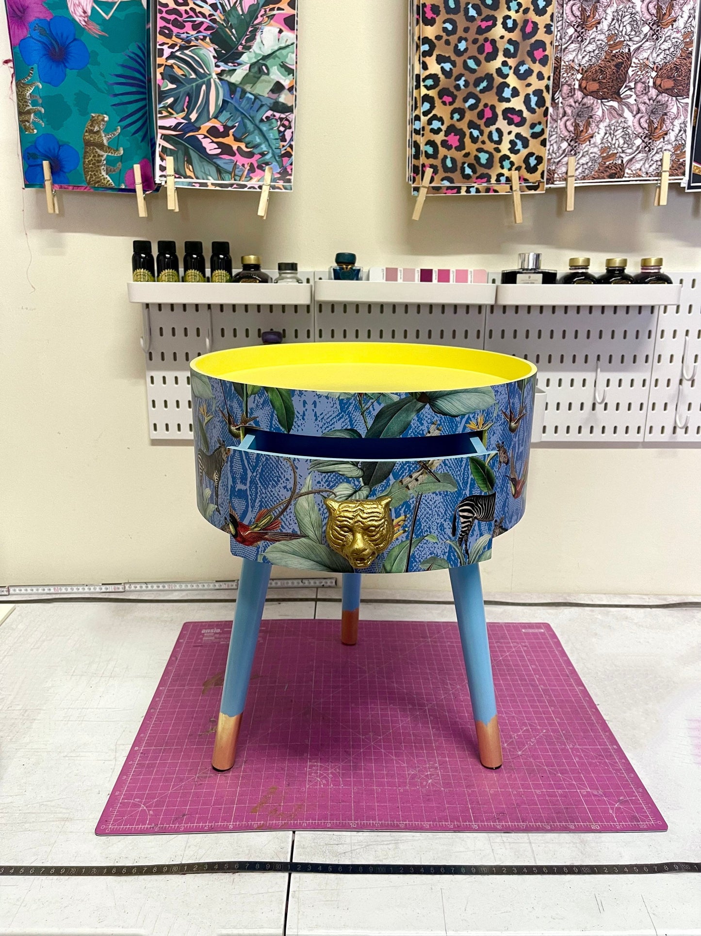 Round primrose yellow and baby blue zebra side table, leaf and tropical design Nightstand with drawer . Quirky fun table