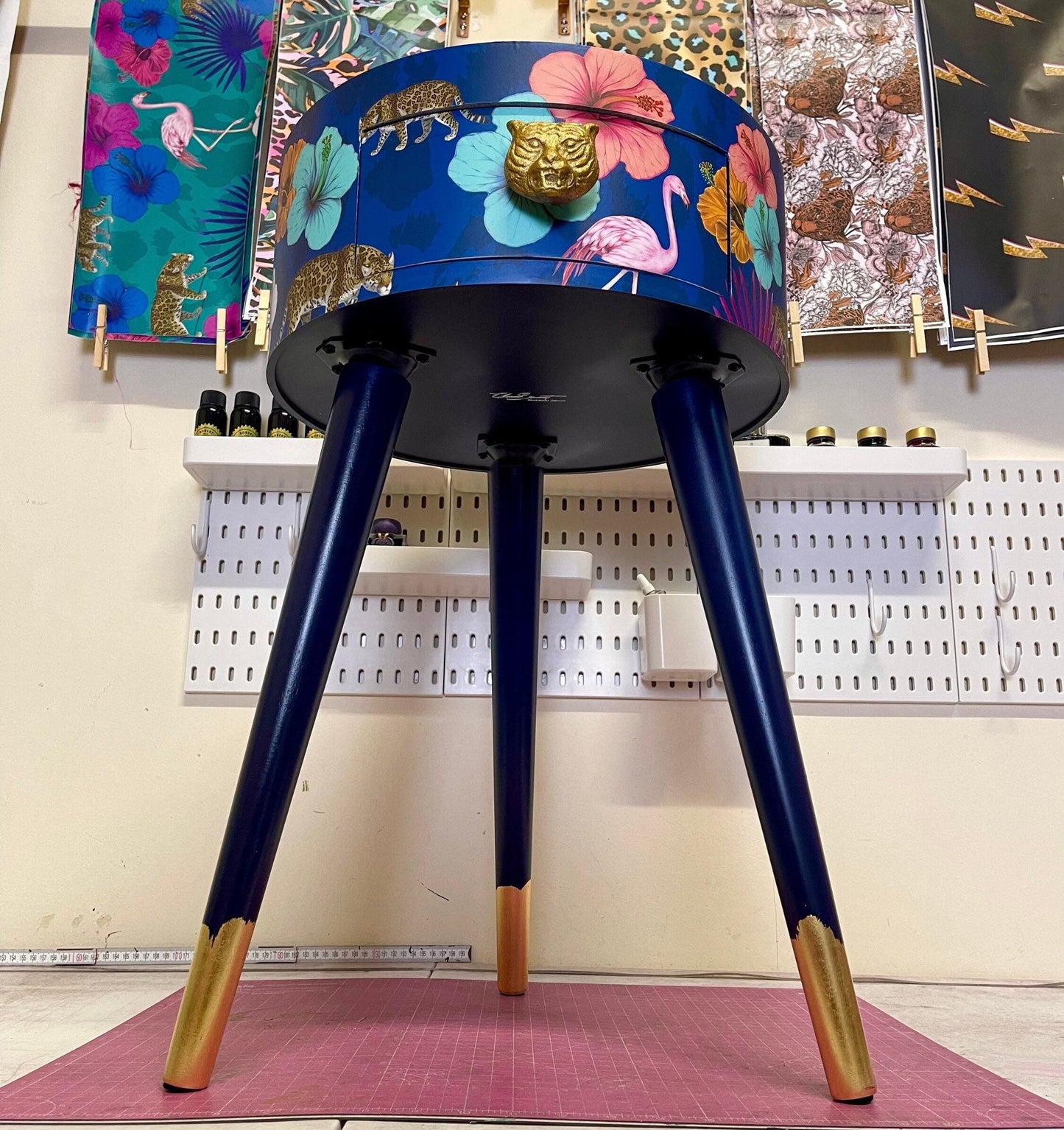Flocking Fab - Navy and Gold blue side table. Round wooden table with drawer in leopard and flamingo Personalised nightstand and side table.