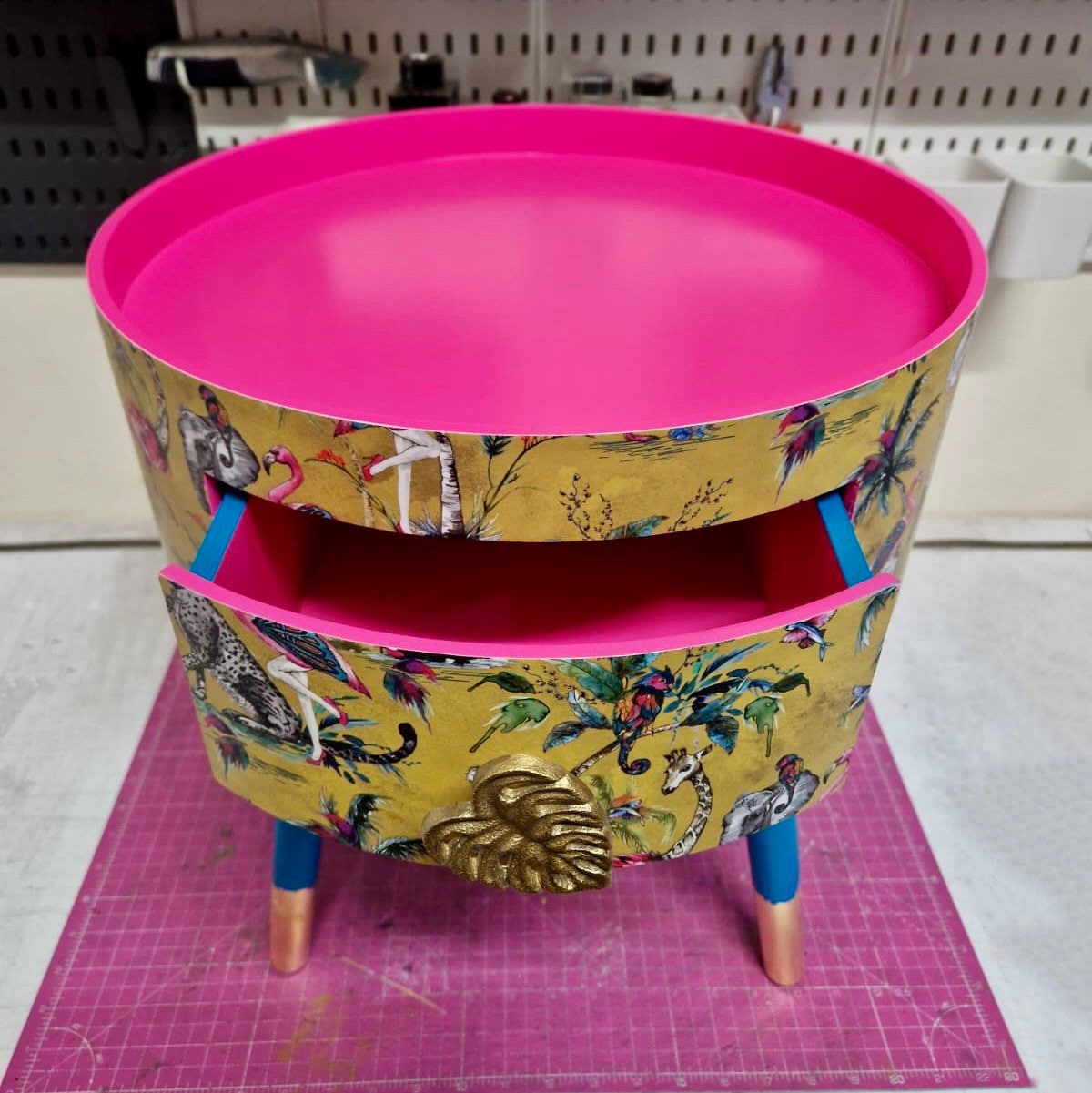 Round Hot Pink Nightstand with drawer, yellow animal print bedside table, turquoise legs, flamingo and elephant design, eclectic side table