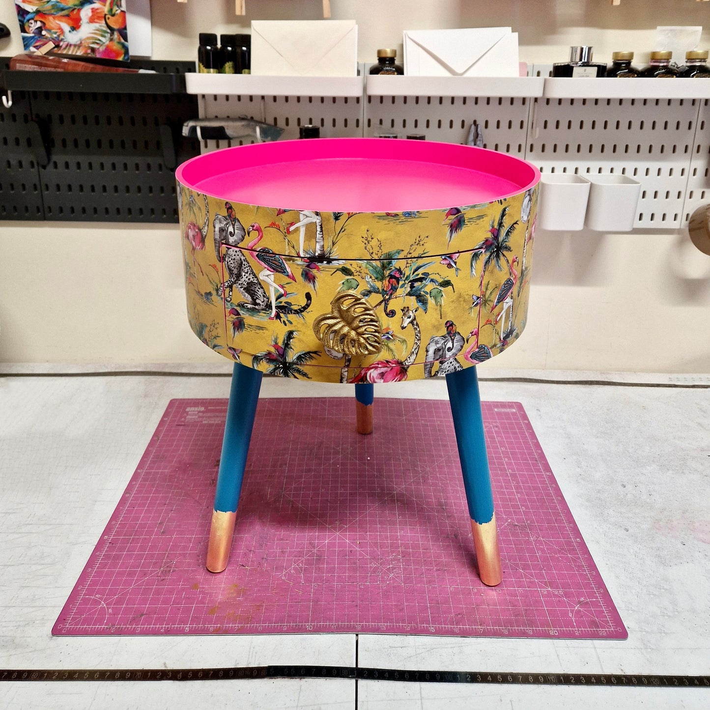Round Hot Pink Nightstand with drawer, yellow animal print bedside table, turquoise legs, flamingo and elephant design, eclectic side table
