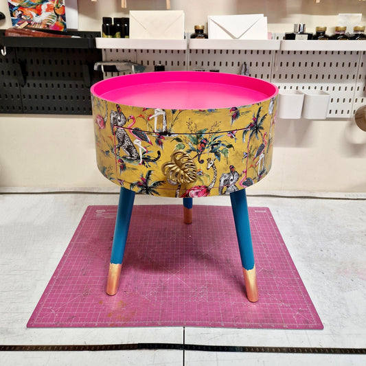 Round Hot Pink Nightstand with drawer, yellow animal print bedside table, turquoise legs, flamingo and elephant design, eclectic side table
