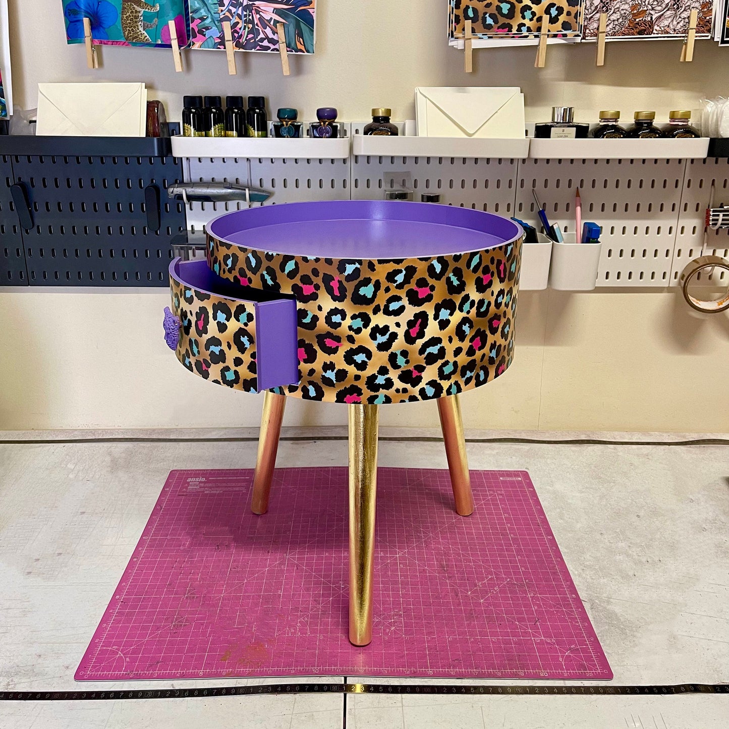 Leopard Print - Gold Lilac purple, pink leopard round bedside table . Fun Bright Home Decor . Ideal for Nightstand or side table. Cheetah Print gold design