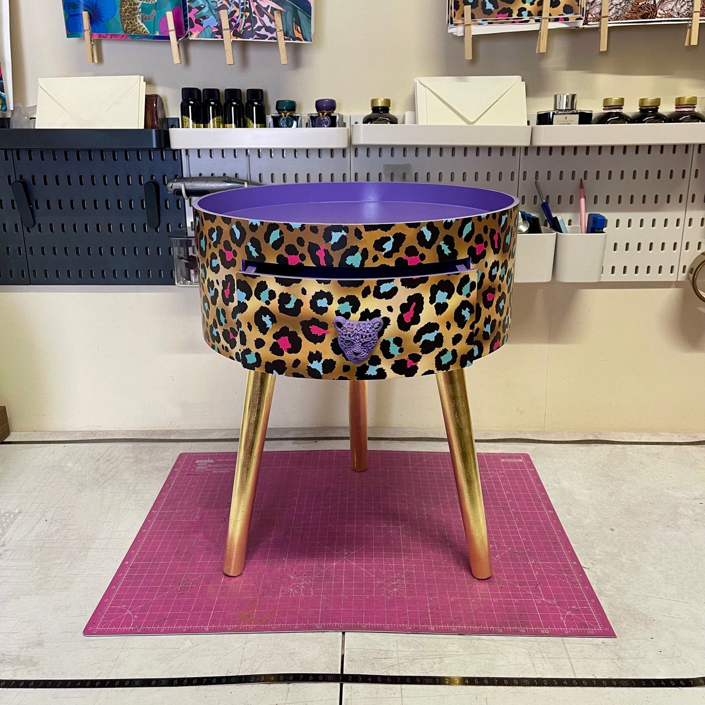 Leopard Print - Gold Lilac purple, pink leopard round bedside table . Fun Bright Home Decor . Ideal for Nightstand or side table. Cheetah Print gold design