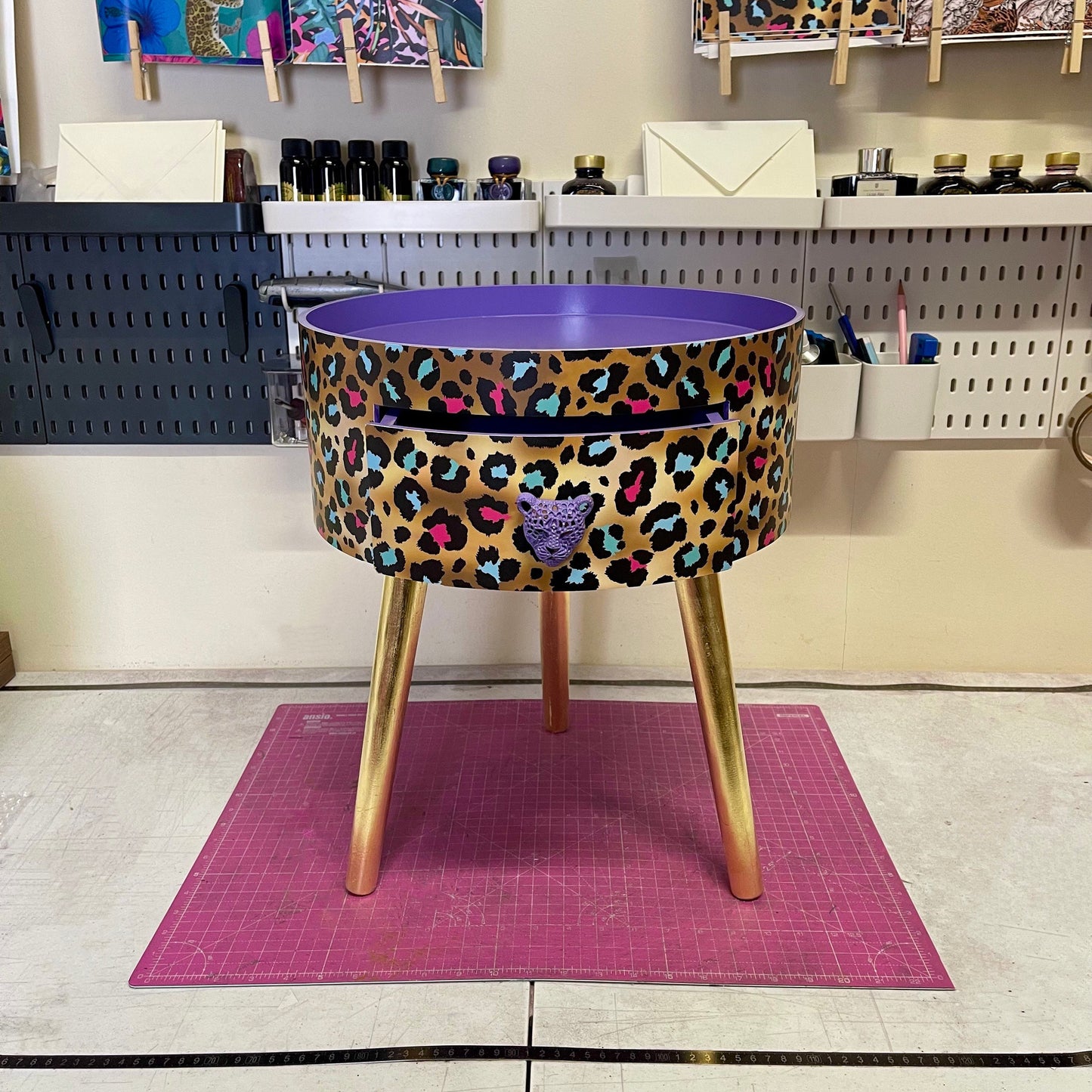 Leopard Print - Gold Lilac purple, pink leopard round bedside table . Fun Bright Home Decor . Ideal for Nightstand or side table. Cheetah Print gold design