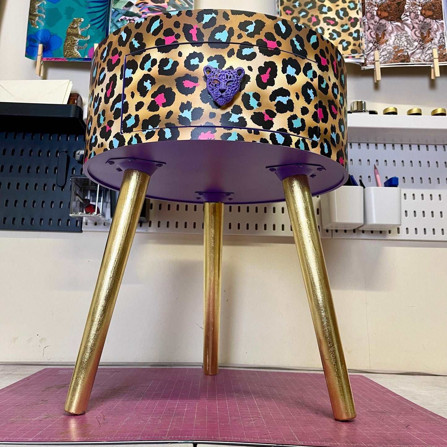 Leopard Print - Gold Lilac purple, pink leopard round bedside table . Fun Bright Home Decor . Ideal for Nightstand or side table. Cheetah Print gold design
