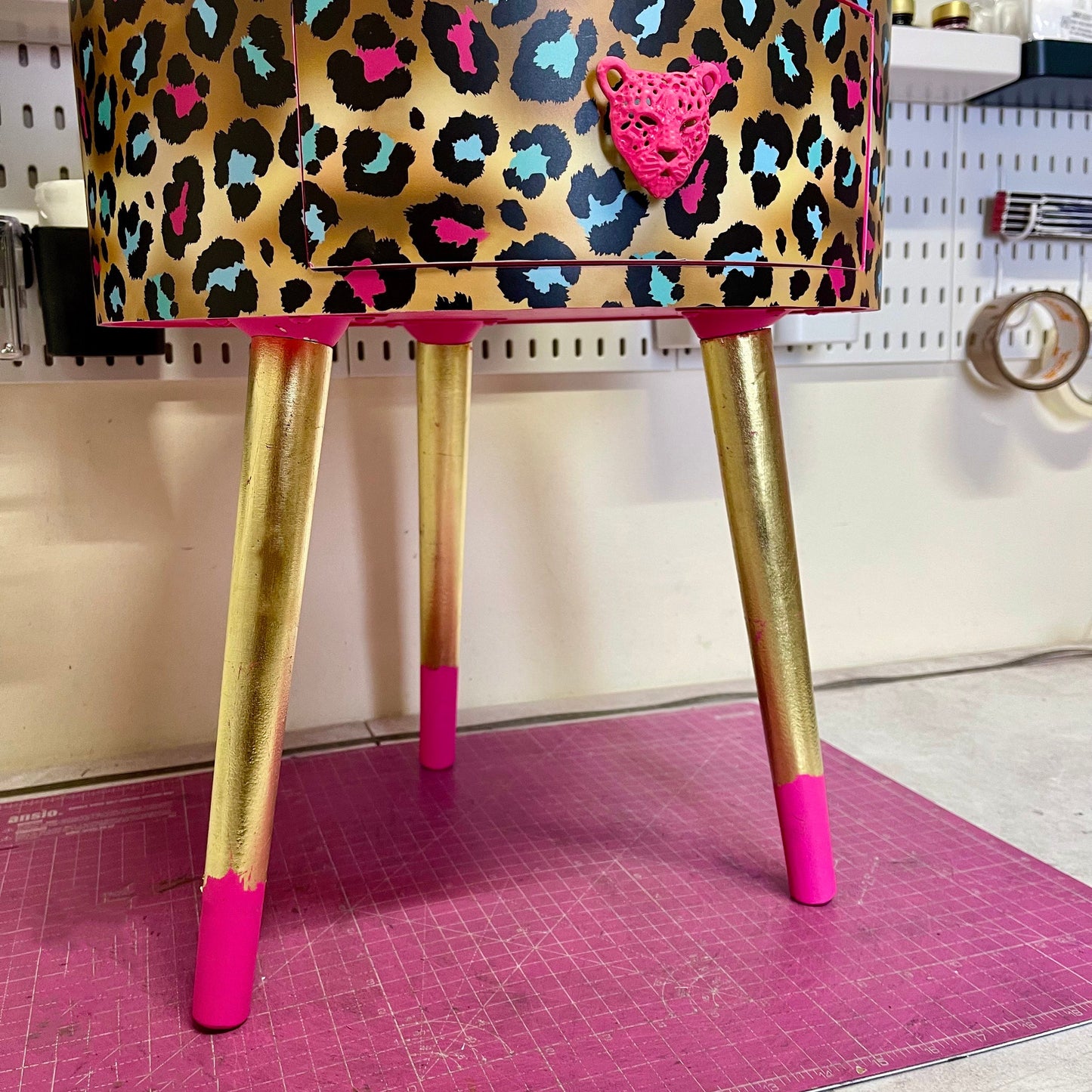 Leopard Print - Gold Hot Pink Magenta leopard round bedside table . Fun Bright Home Decor . Ideal for Nightstand or side table. Cheetah Print gold leaf design