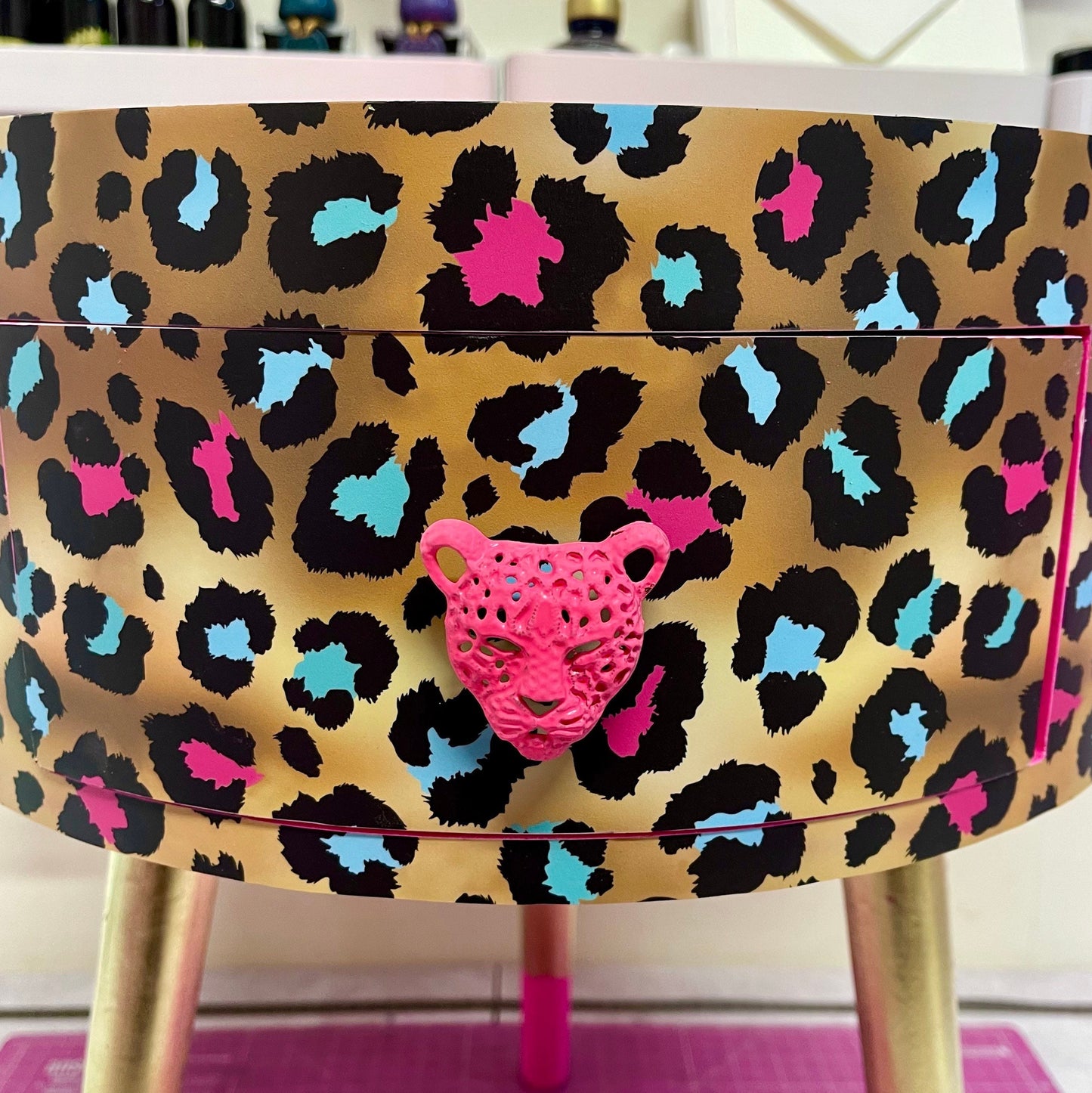 Leopard Print - Gold Hot Pink Magenta leopard round bedside table . Fun Bright Home Decor . Ideal for Nightstand or side table. Cheetah Print gold leaf design