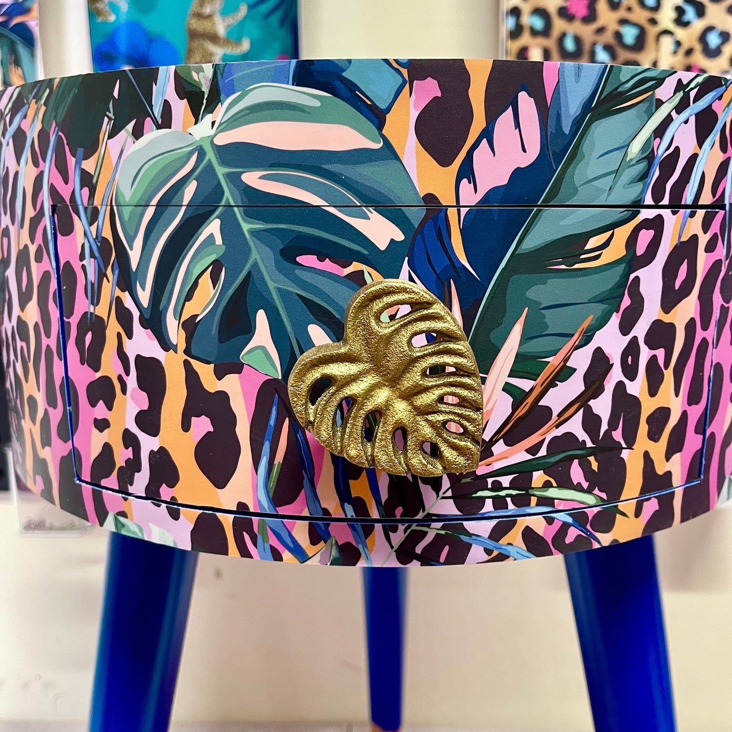 Leopard with Palm - Cobalt blue, pink and orange side table. Leopard print design with leaf design. Personalised round nightstand and side table.