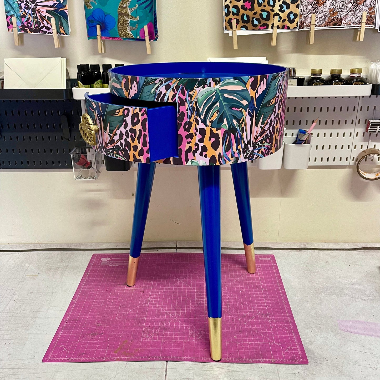 Leopard with Palm - Cobalt blue, pink and orange side table. Leopard print design with leaf design. Personalised round nightstand and side table.